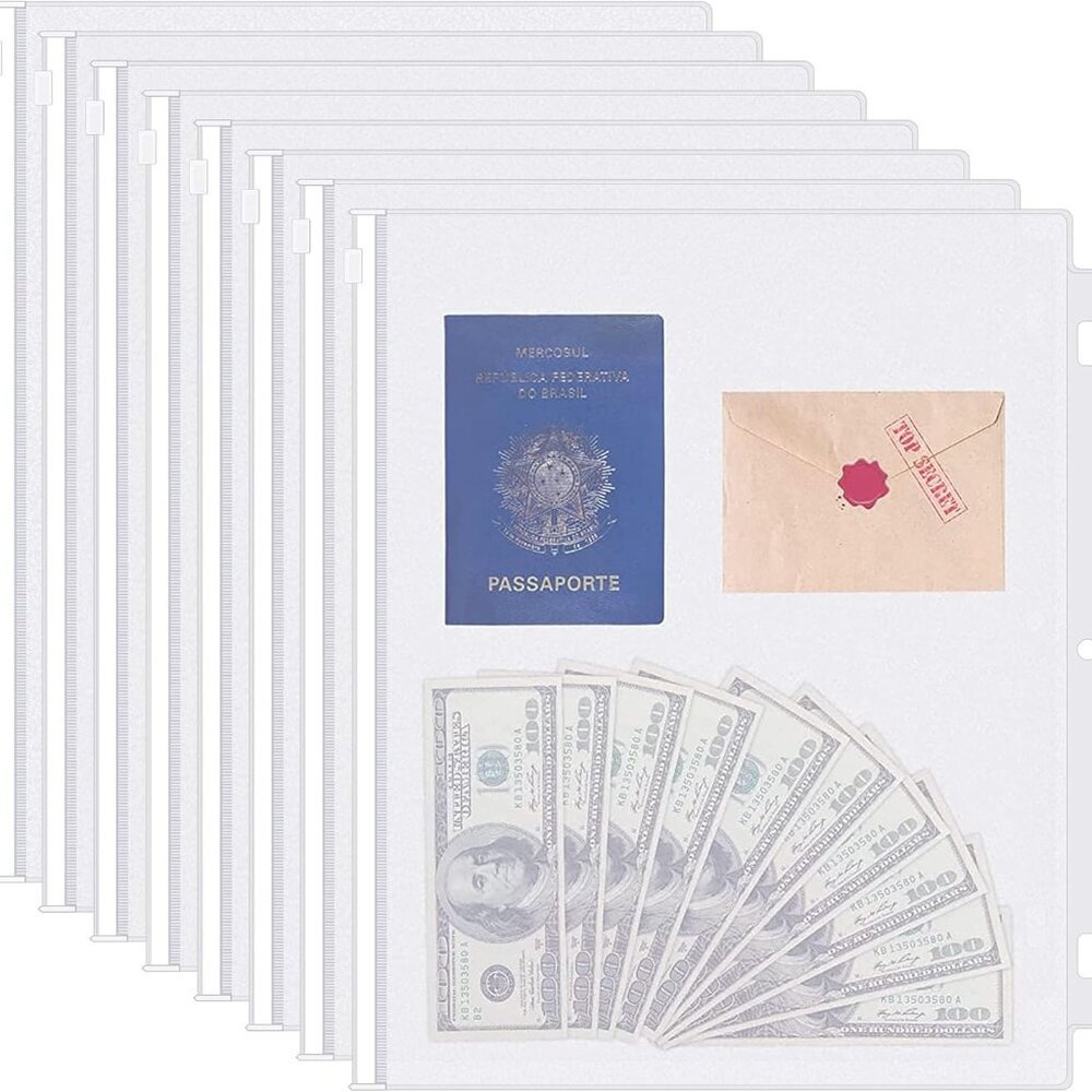 8 Pack Clear Letter Size Binder Pockets 3 Ring Binder Zipper Pouch Document Orga
